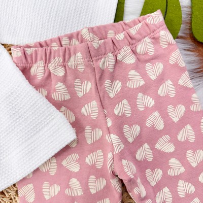 Conj. Batinha com Gola de Borboletas e Calça Legging Corações- Off White e Rose